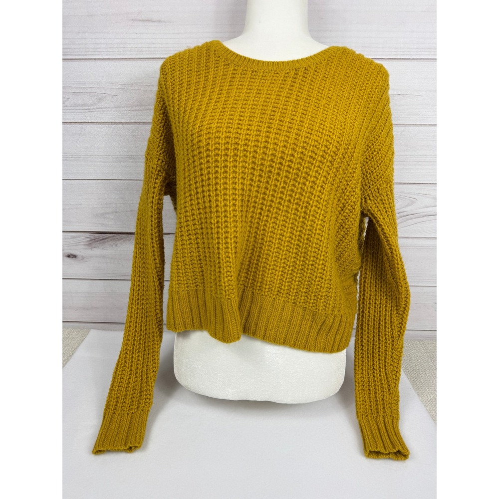 Ruby Moon Mustard Yellow Waffle Knit‎ Twist Open Back Crop Sweater XS